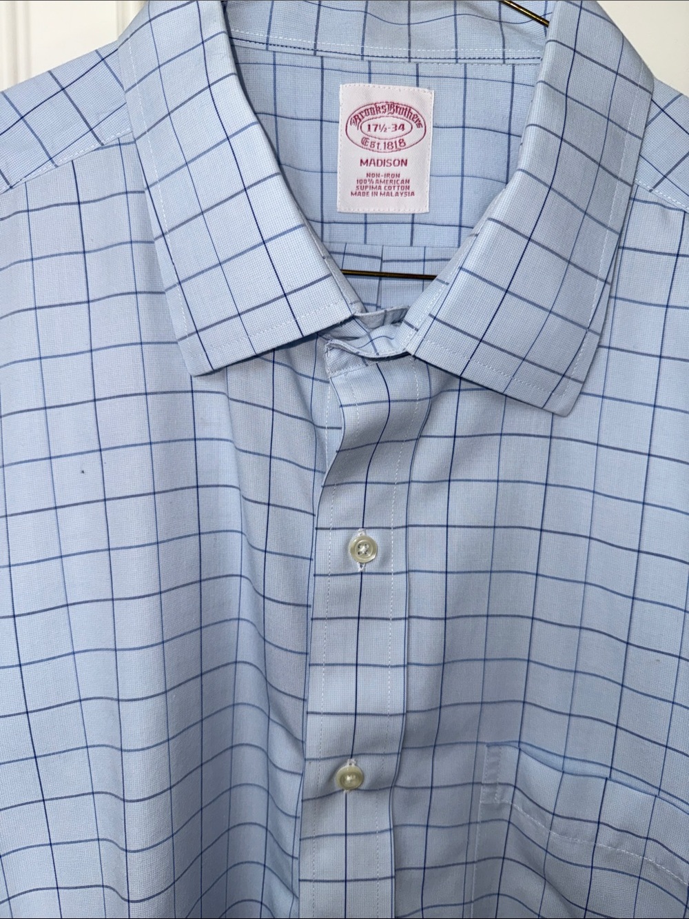 Brooks Brothers Light Blue Dress Shirt with Navy Windowpane